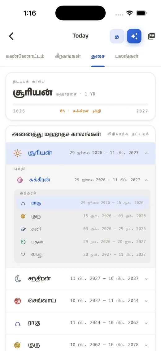 Zodian mobile — Vimshottari dasha timeline in Tamil